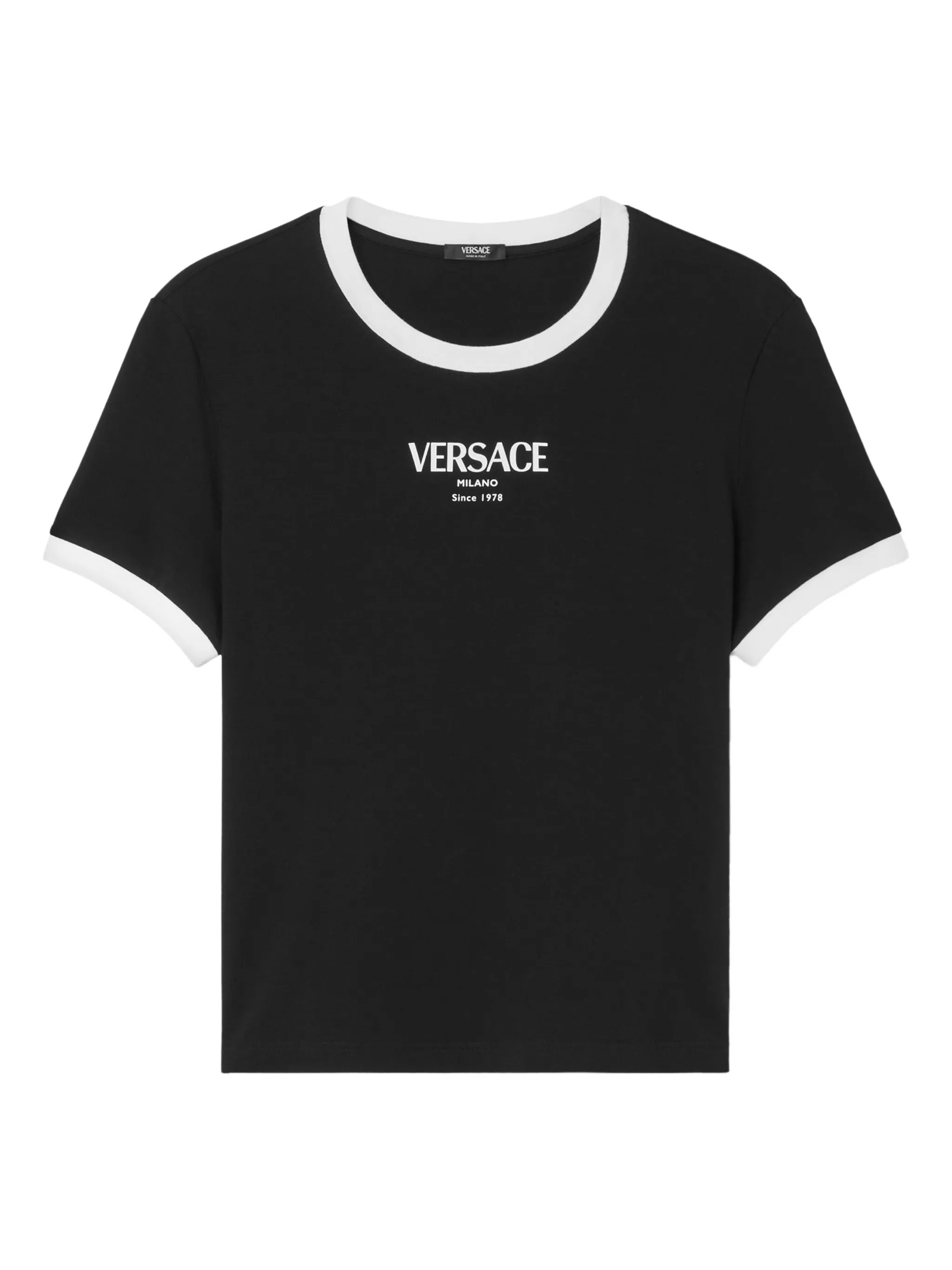 Logo Motif Short-Sleeve Crewneck Top with Ribbed Trims (Size 38)