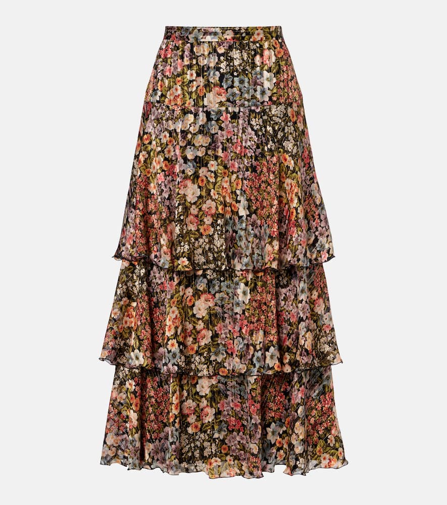 Floral plissé tiered silk maxi skirt