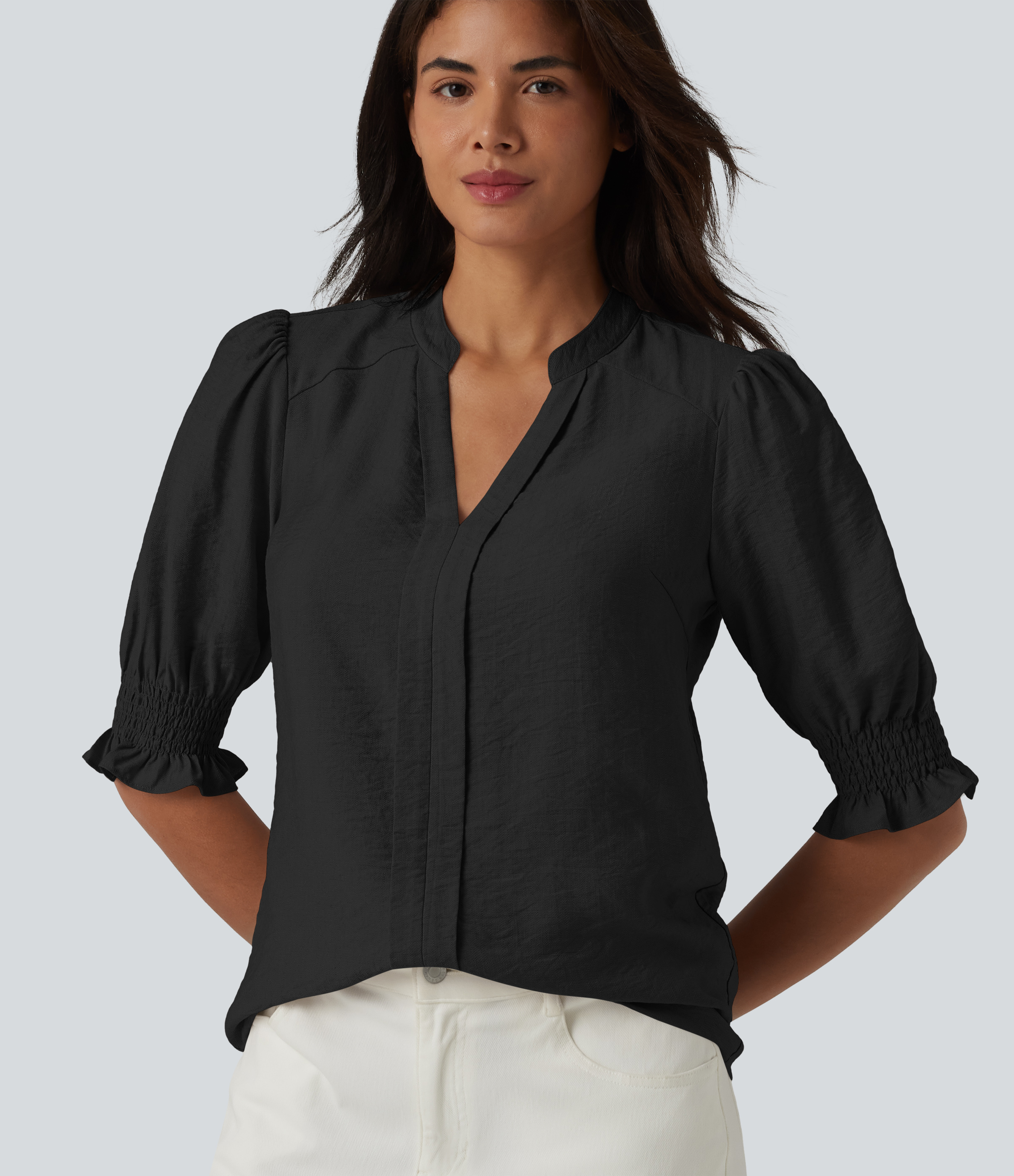 V Neck Puff Short Sleeve Casual Blouse  - Black