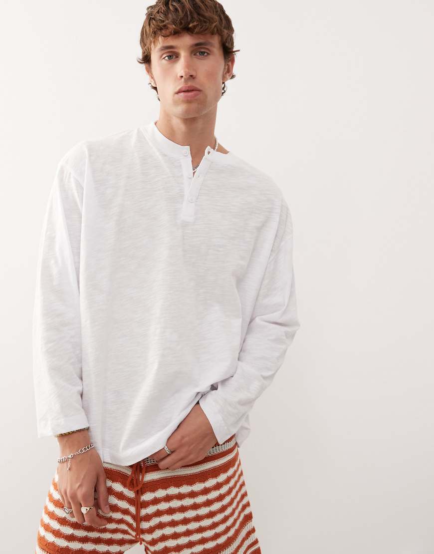 Long sleeve slubby jersey henley t-shirt in white