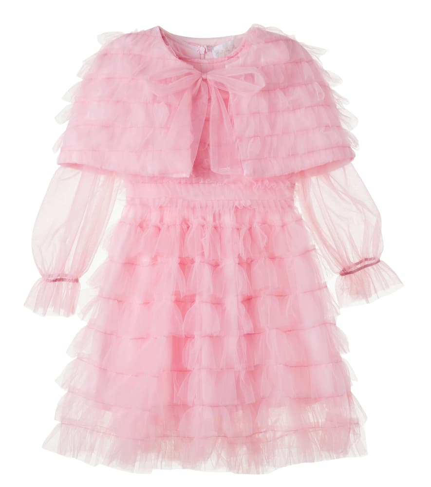 Cape-detail ruffled tulle dress