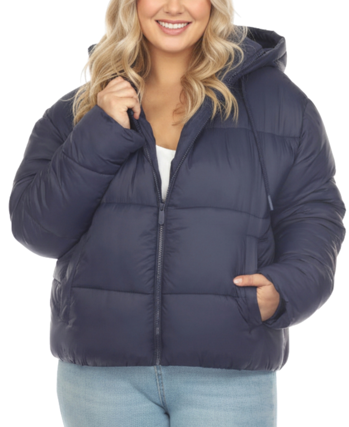 Plus Size Quilted Puffer Crop Jacket with Hood - Navy