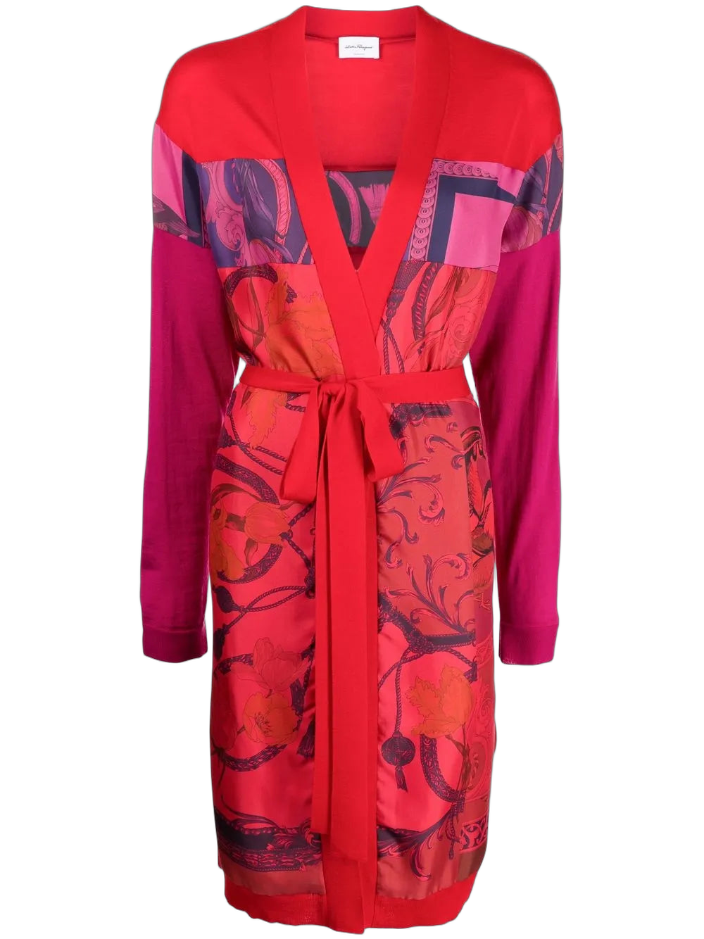 Patchwork Scarf-Print Cardigan — Red