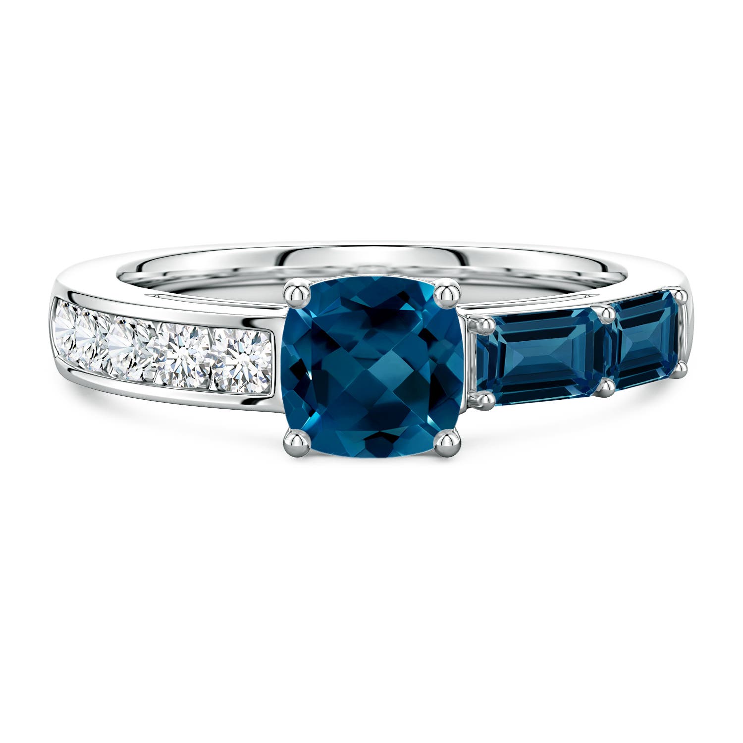 Lee Harris x Angara 2.09 CTW Cushion London Blue Topaz Modern Art Deco Inspired Side Stone Ring in Platinum