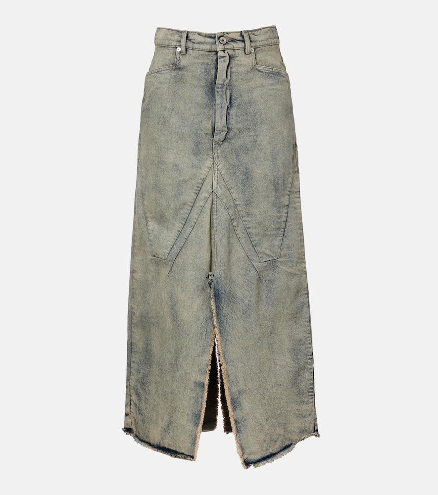 Distressed denim maxi skirt