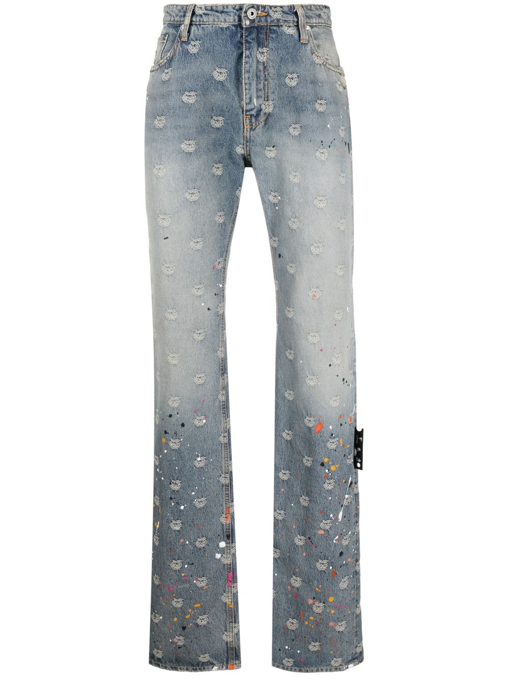 Logo-jacquard paint-splatter jeans