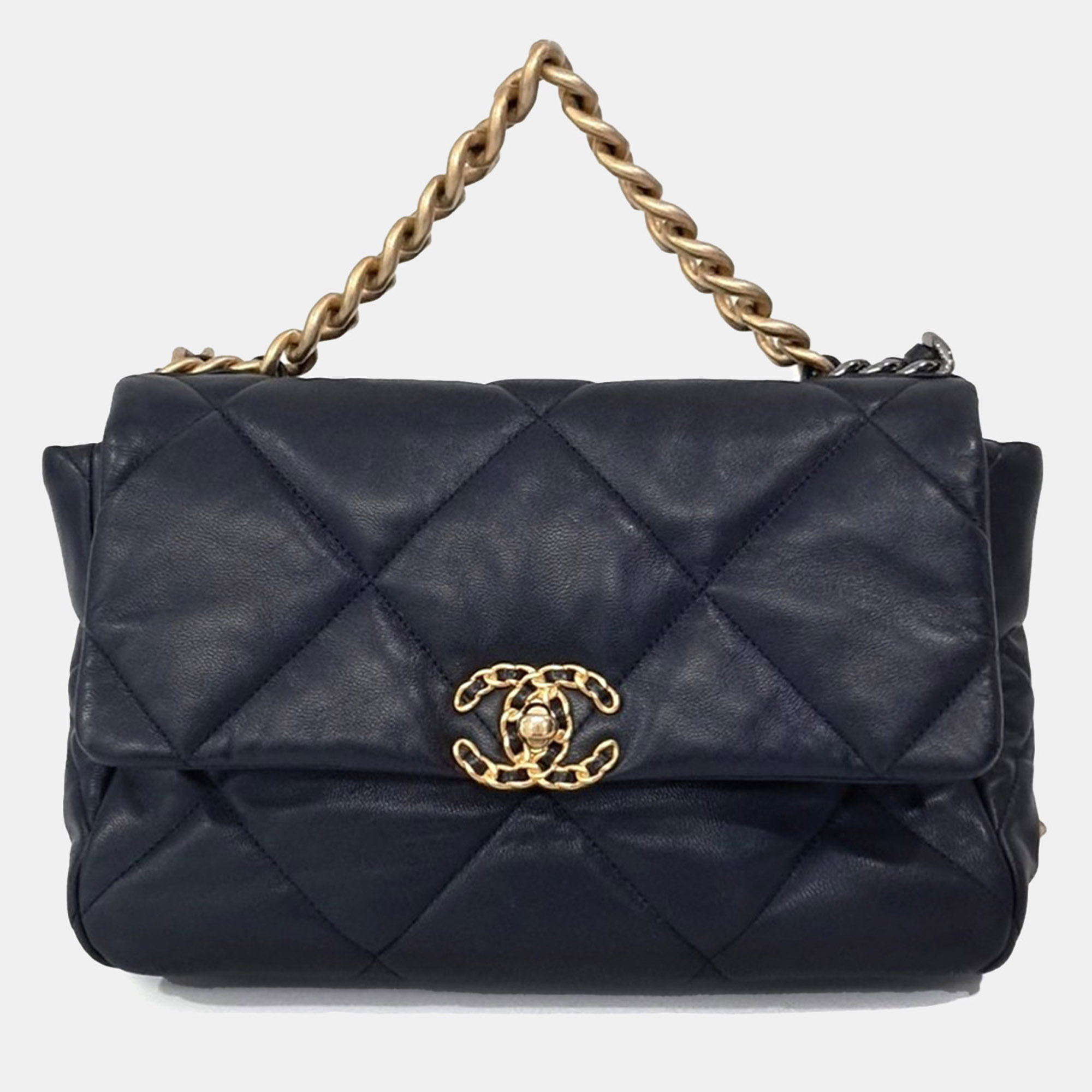 Chanel Navy Blue Leather 19 Flap Bag Large