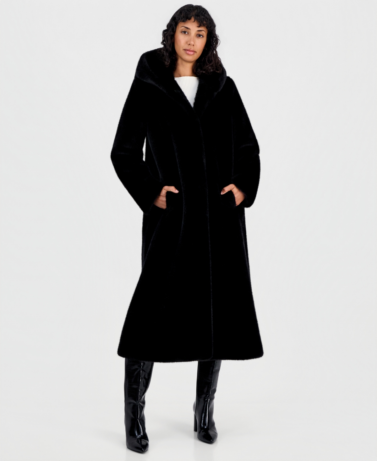 Women's Maxi Hooded Faux Fur Coat - Black