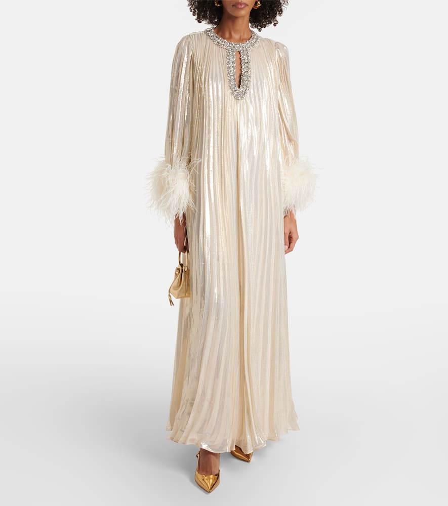 Feather-trimmed silk-blend maxi dress