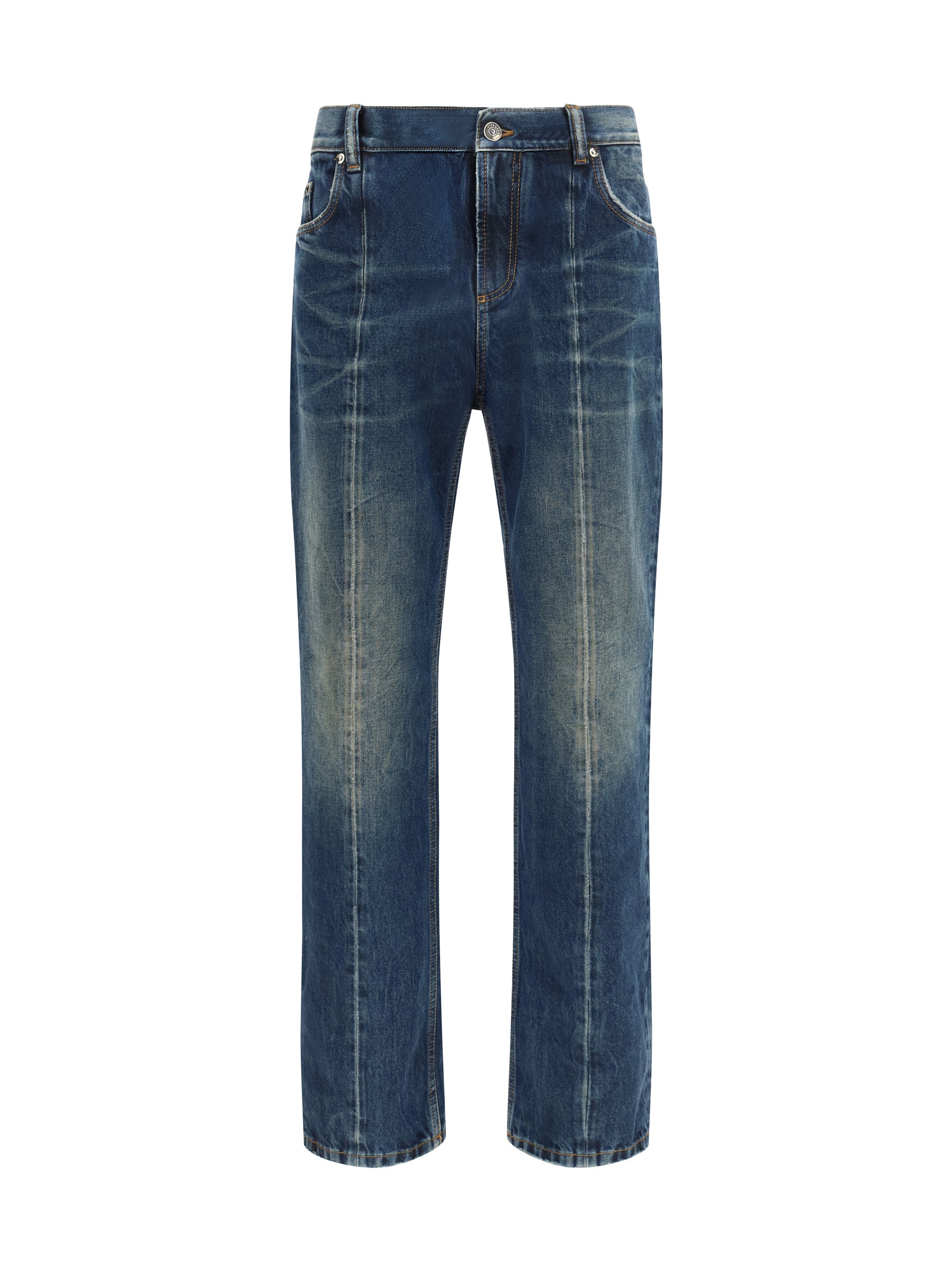 Distressed Straight-Leg Jeans — Blue