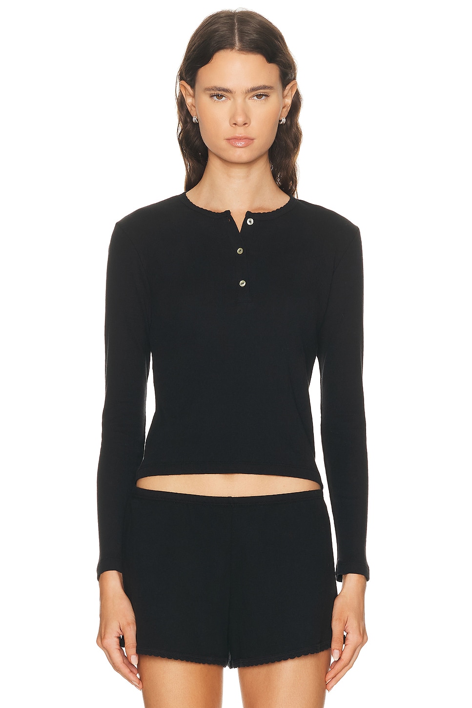 LESET Pointelle Long Sleeve Henley Top in Black - Black. XS also in