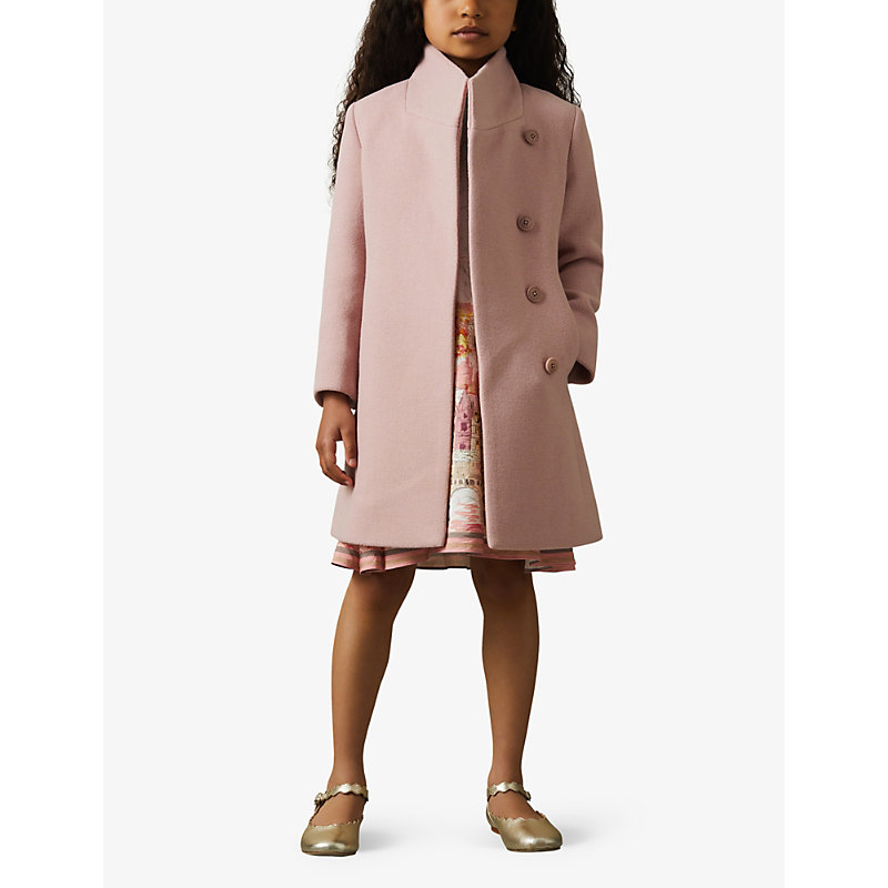 Girls Pink Kids Double-breasted Funnel-neck Wool-blend Coat 