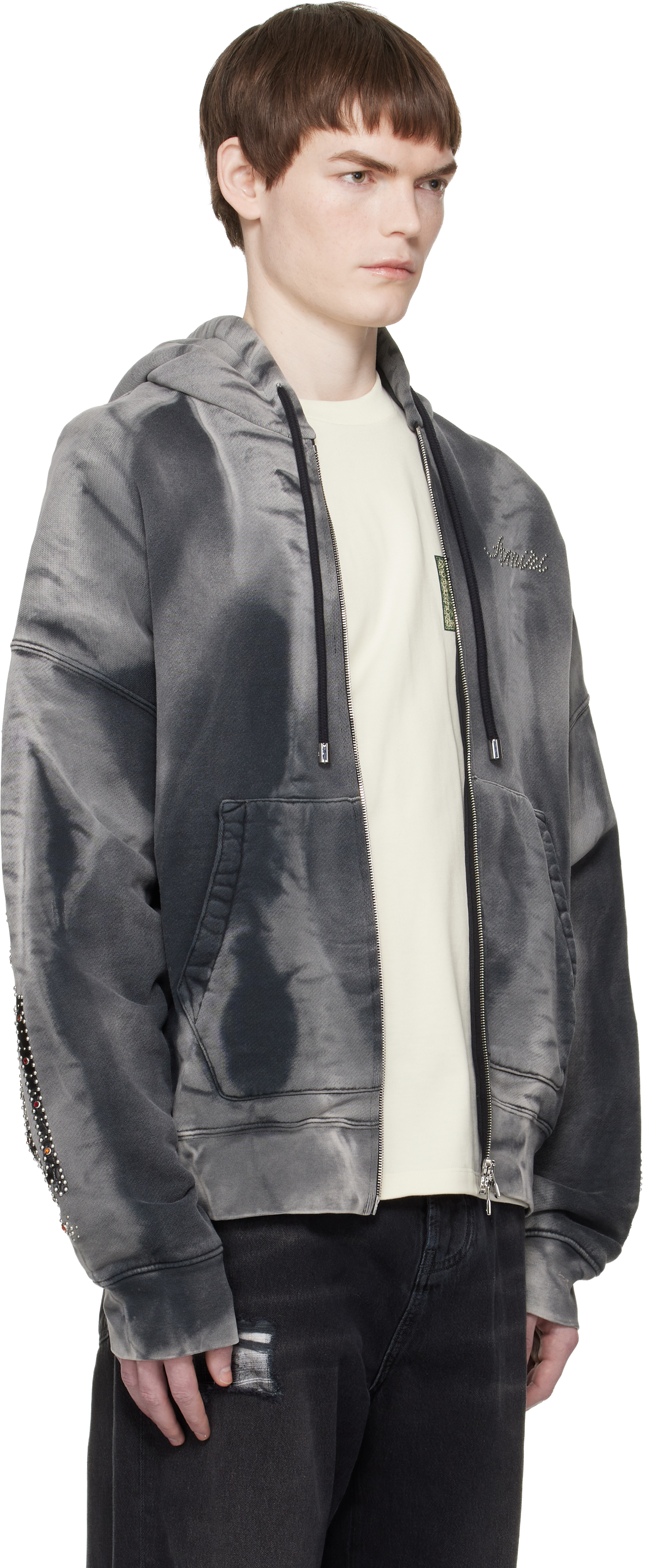 Gray Bones Studded Oversized Zip Hoodie