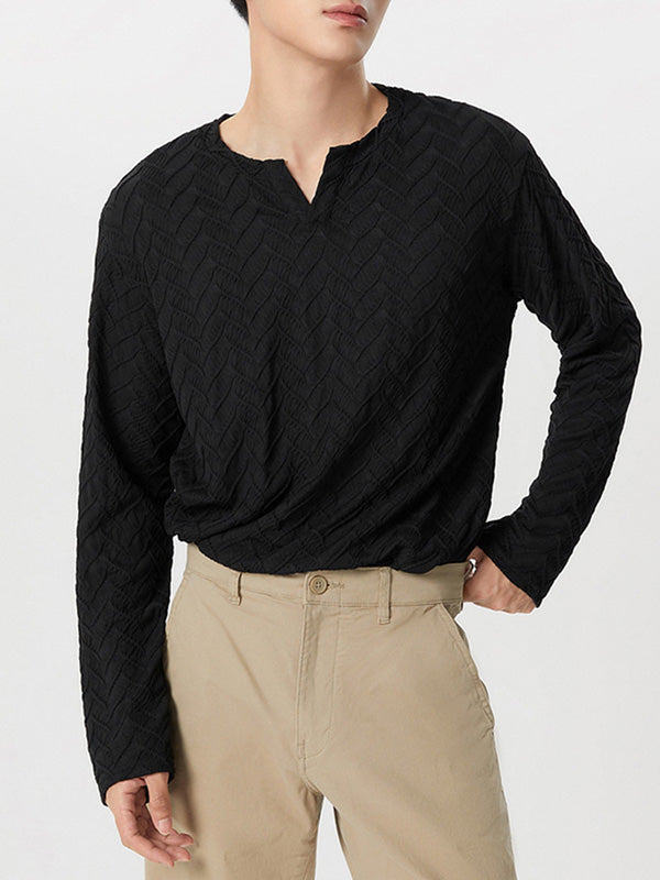 Mens V-neck Mercerized Cotton Long-sleeved Shirts SKUI34308 - Black / S