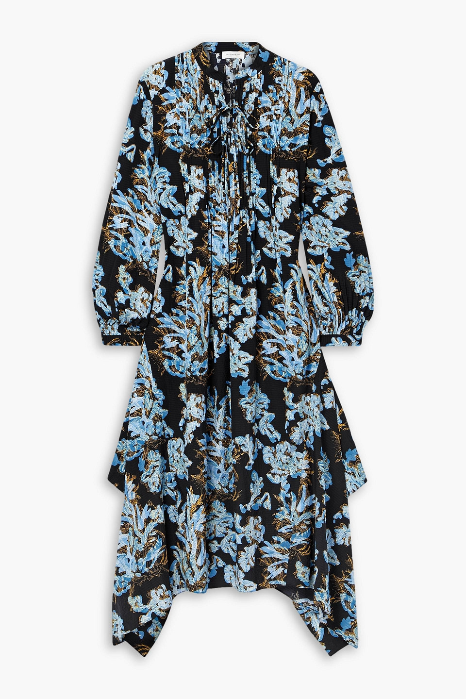 Asymmetric pintucked floral-print silk midi dress