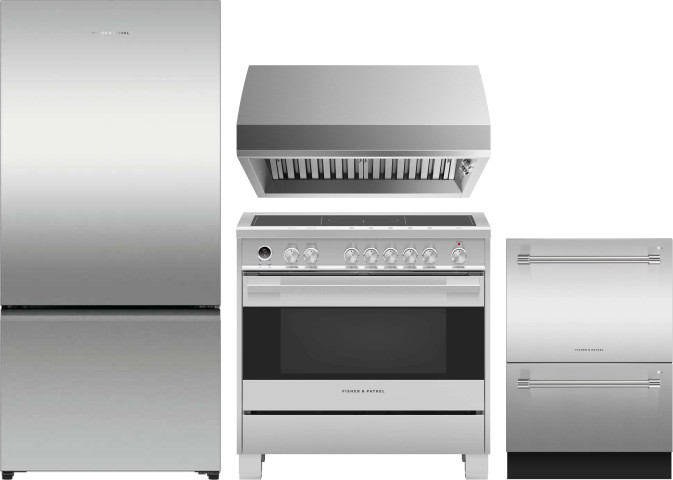 Fisher & Paykel 4 Piece Kitchen Appliances Package with Bottom Freezer Refrigerator, Induction Range and Dishwasher in Stainless Steel FPRERARHDW