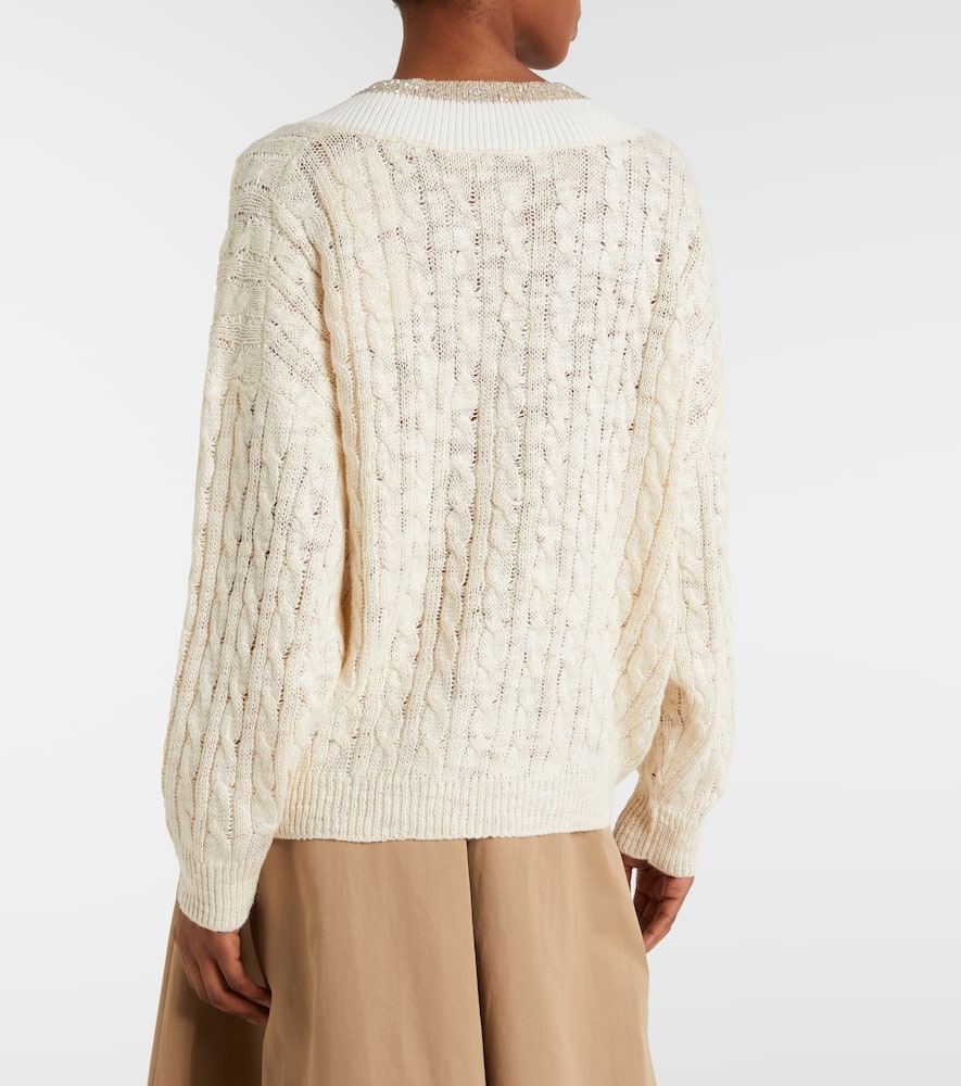 Cable-knit sequined hemp, silk, and cotton sweater