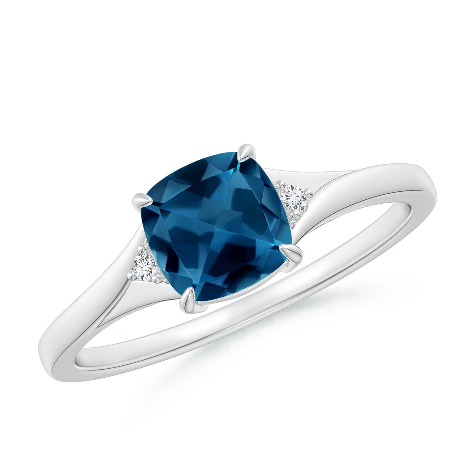 Angara 1.1 Carats Split Shank Cushion London Blue Topaz Solitaire Ring in Platinum