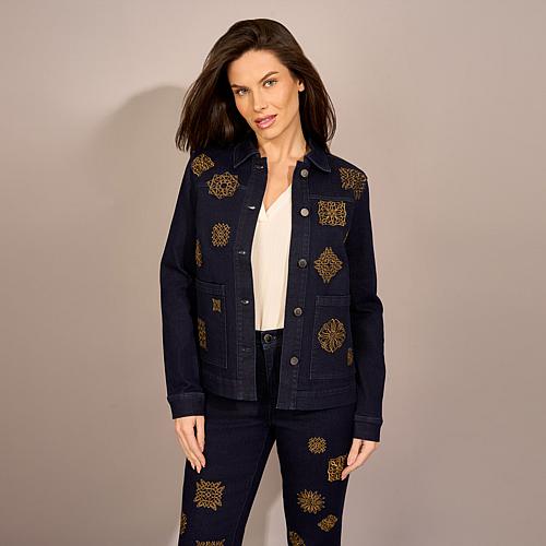 Stretch Medallion Embroidered Utility Jacket - Blue