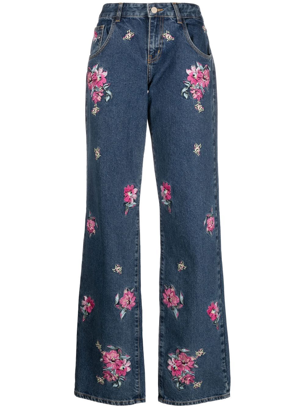 Floral-embroidery flared jeans - Blue