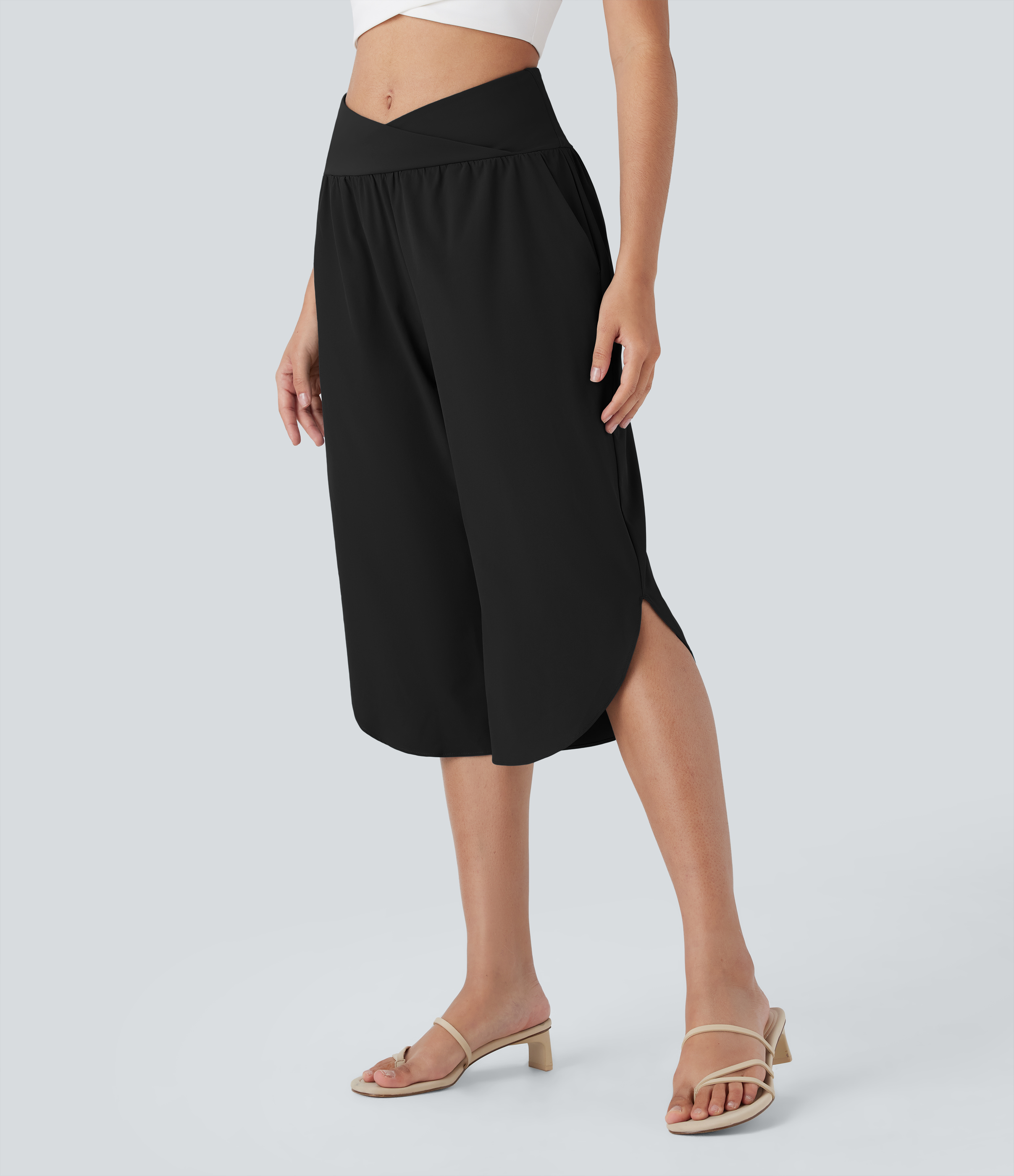 Halara Breezeful™ High Waisted Crossover Side Pocket Split Quick Dry Capri Resort Trousers - Black - XSregular