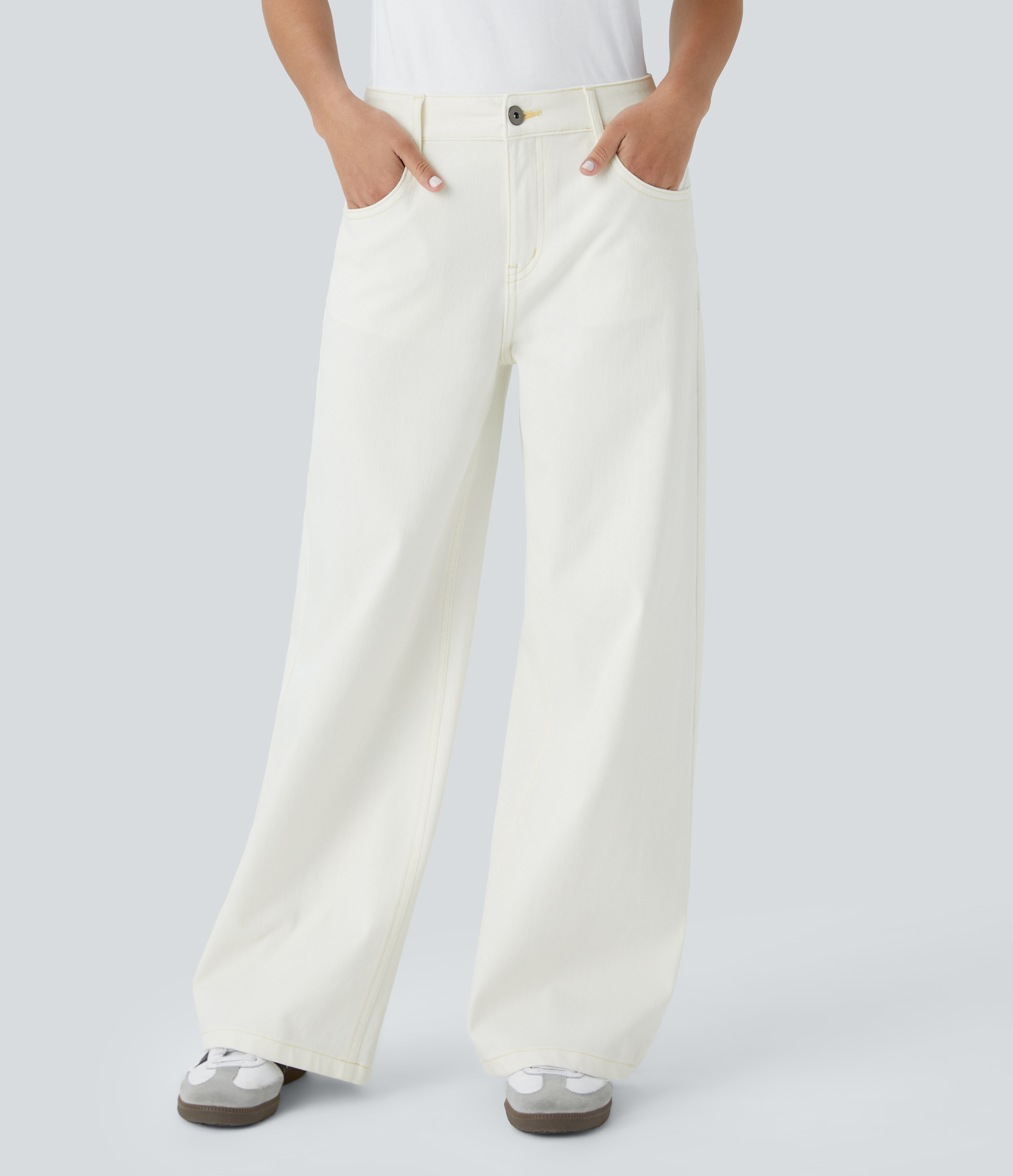 Flex™ Low Rise Zipper Pockets Washed Baggy Wide Leg Casual Jeans  - Beige Denim