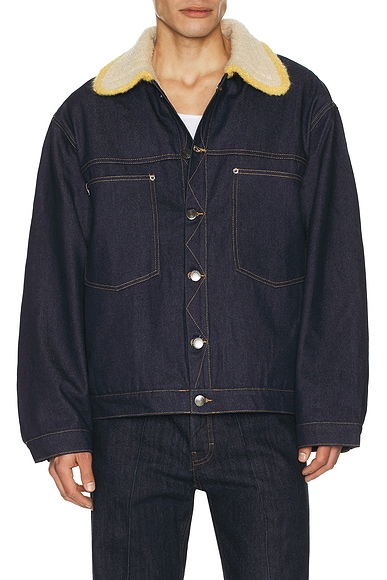 Charles Jeffrey LOVERBOY Denim Jacket With Knitted Collar in Indigo Denim - Blue. XL/1X also in