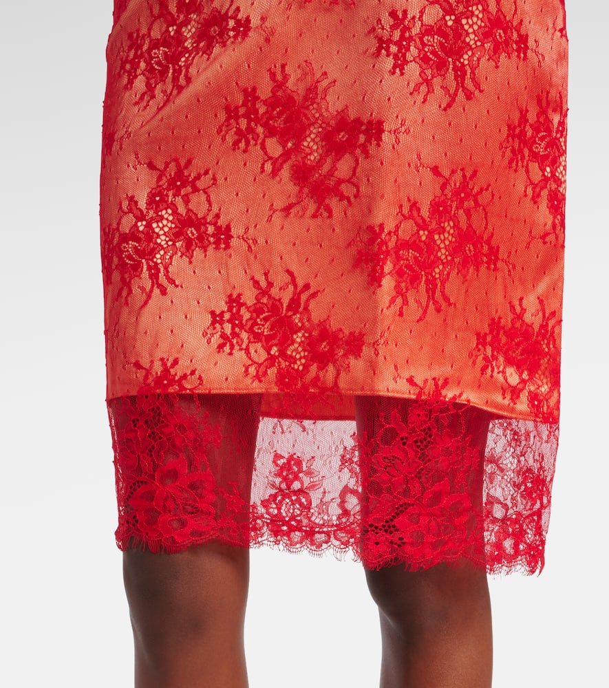 Embroidered leather-trimmed lace midi skirt