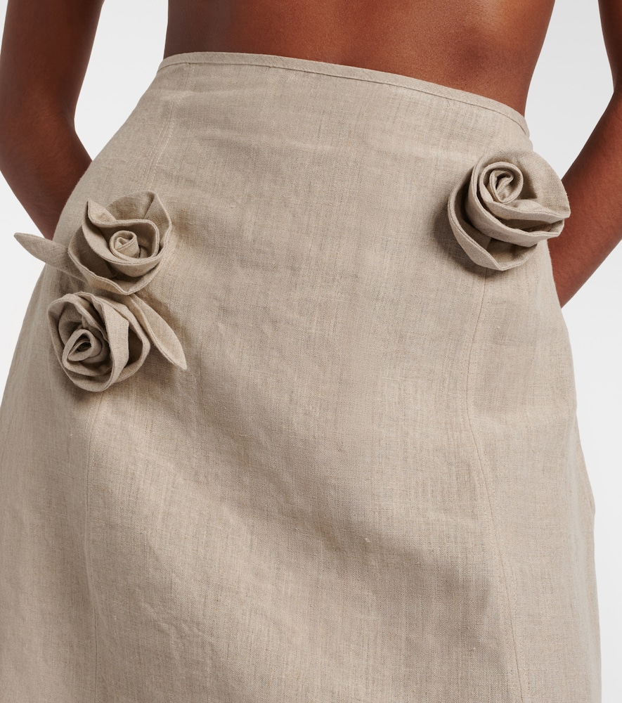 Floral-appliqué asymmetric linen midi skirt