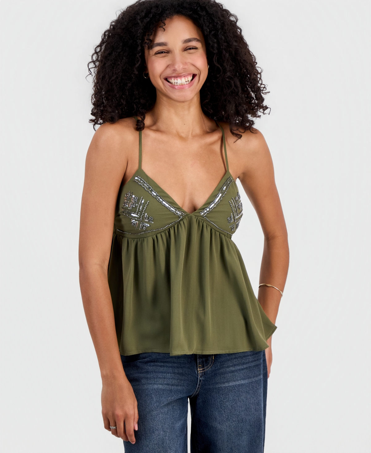 Juniors' Beaded Babydoll Camisole - Olivine