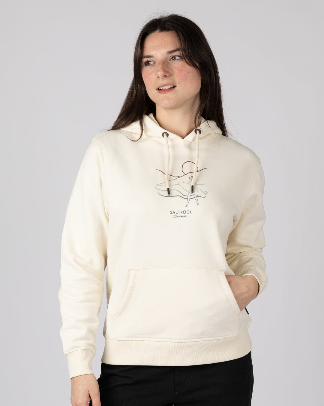 Saltrock Happy Place Cornwall Womens Pop Hoodie in Crea