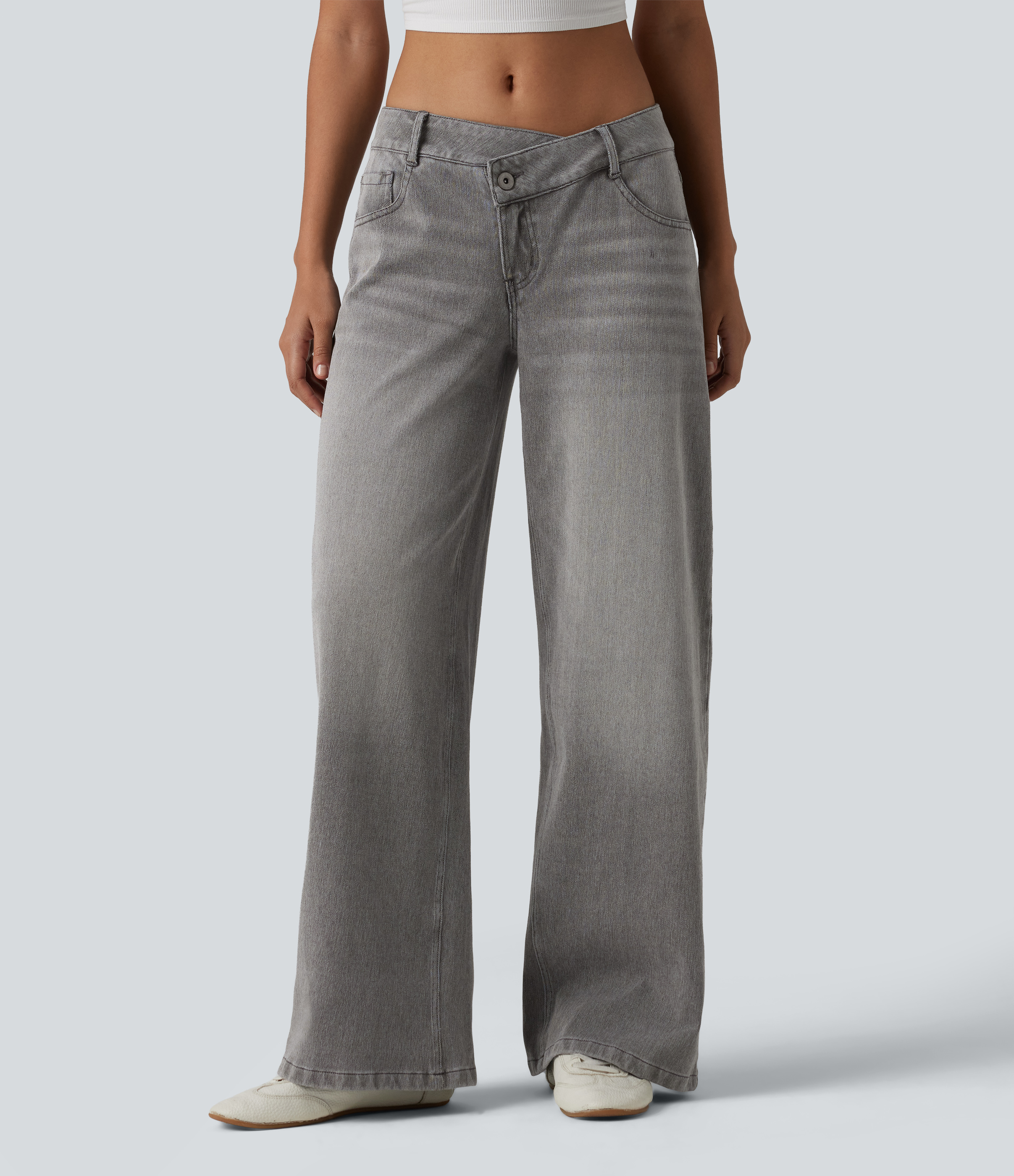 Flex™ Asymmetric Low Rise Zipper Pockets Baggy Wide Leg Washed Casual Jeans  - Drizzle Denim