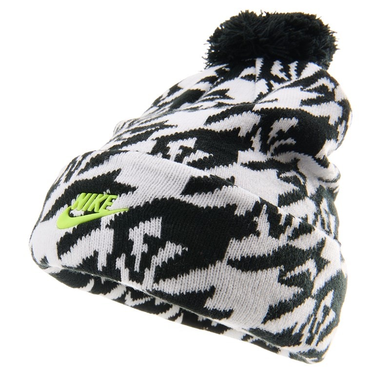 Kids' Print Peak Beanie Hat And Glove Set Shoes (Black/White/Volt)