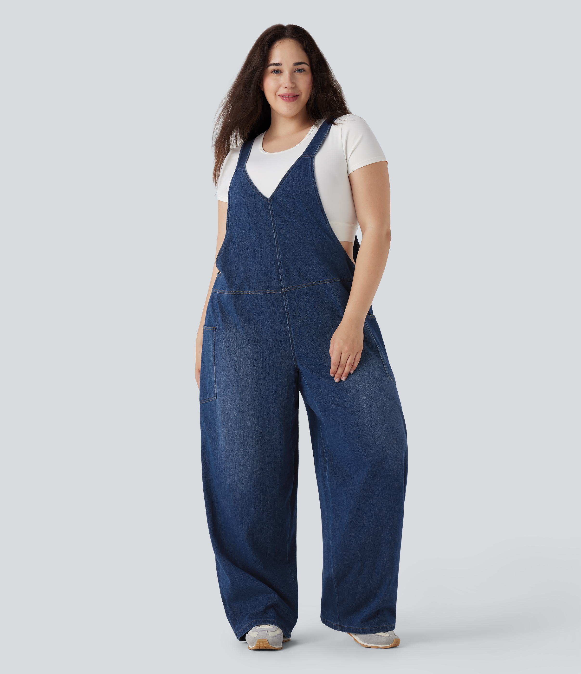 Flex™ V Neck Washed Denim Casual Plus Size Overalls with Pockets  - Serene Blue Denim