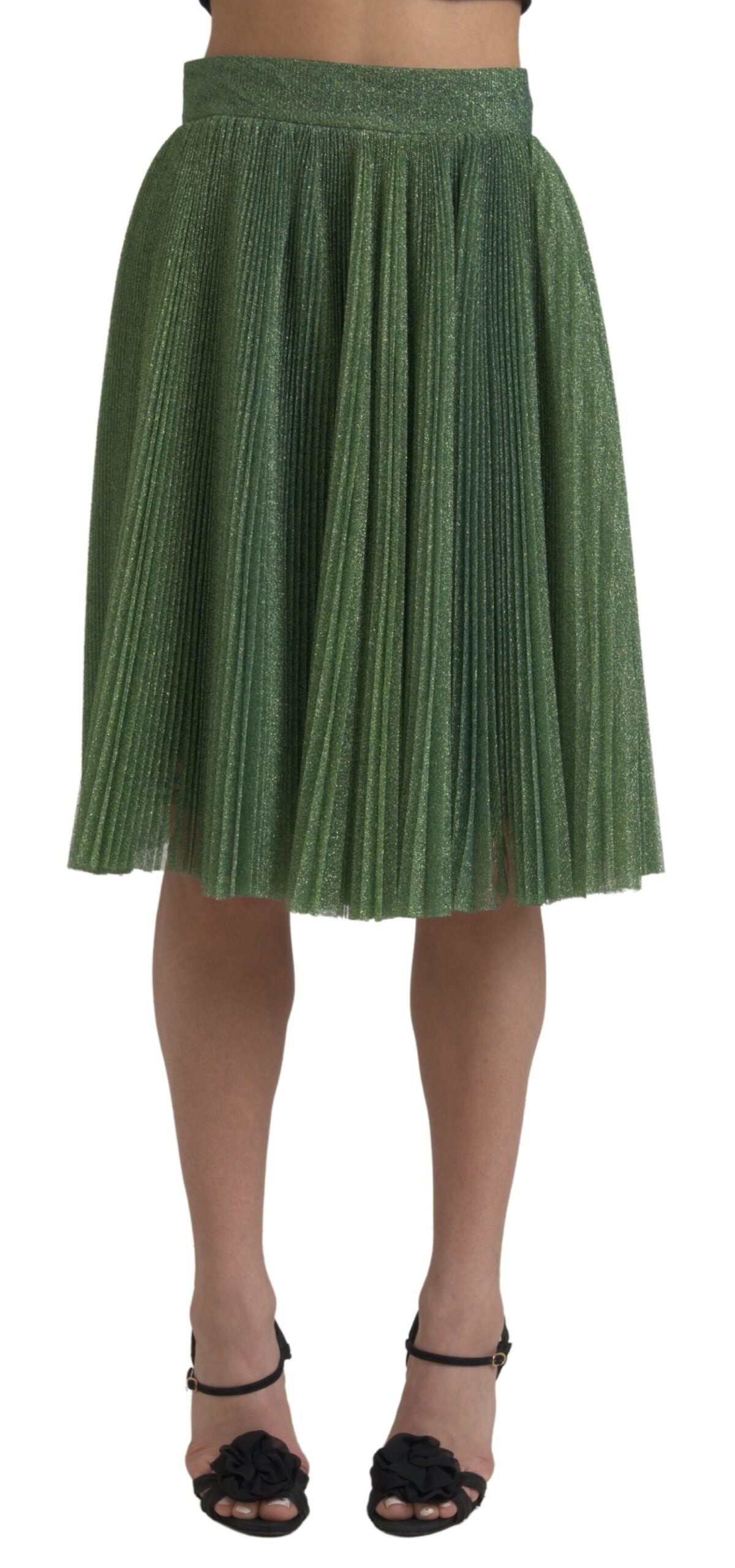 Metallic Pleated A-Line Skirt — Green