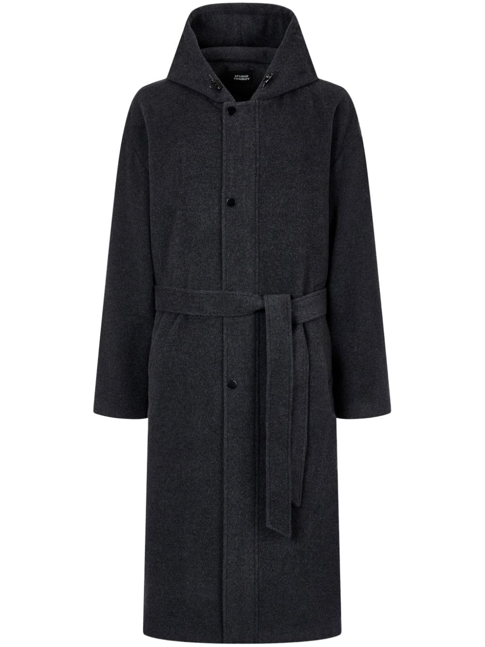 Hooded long-belt coat - Grey