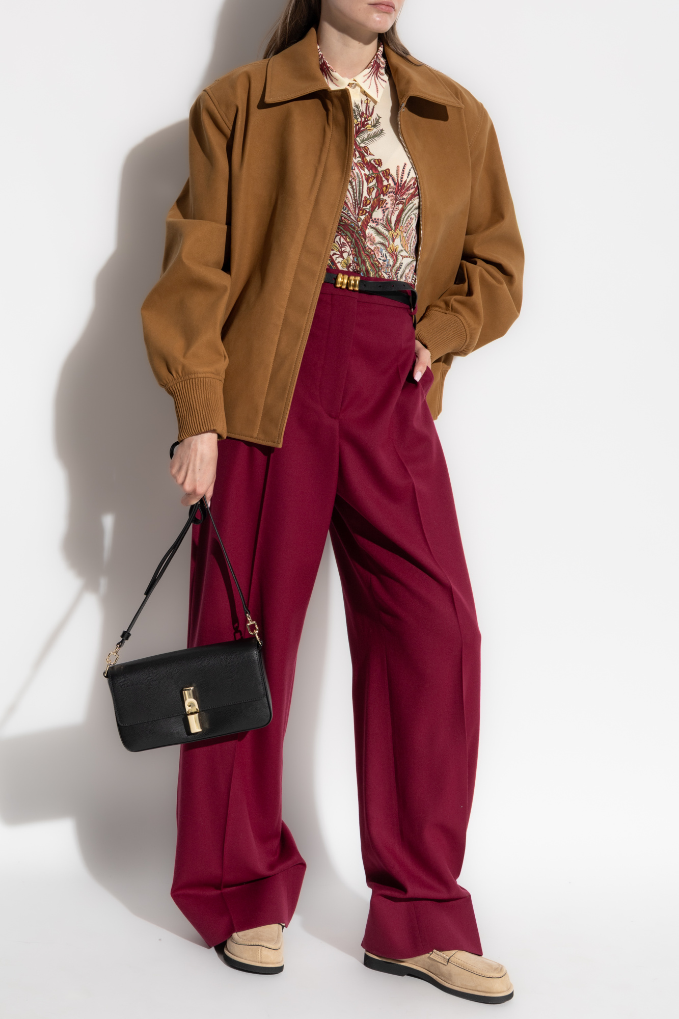 Wool Pleated Trousers, Women's, Burgundy