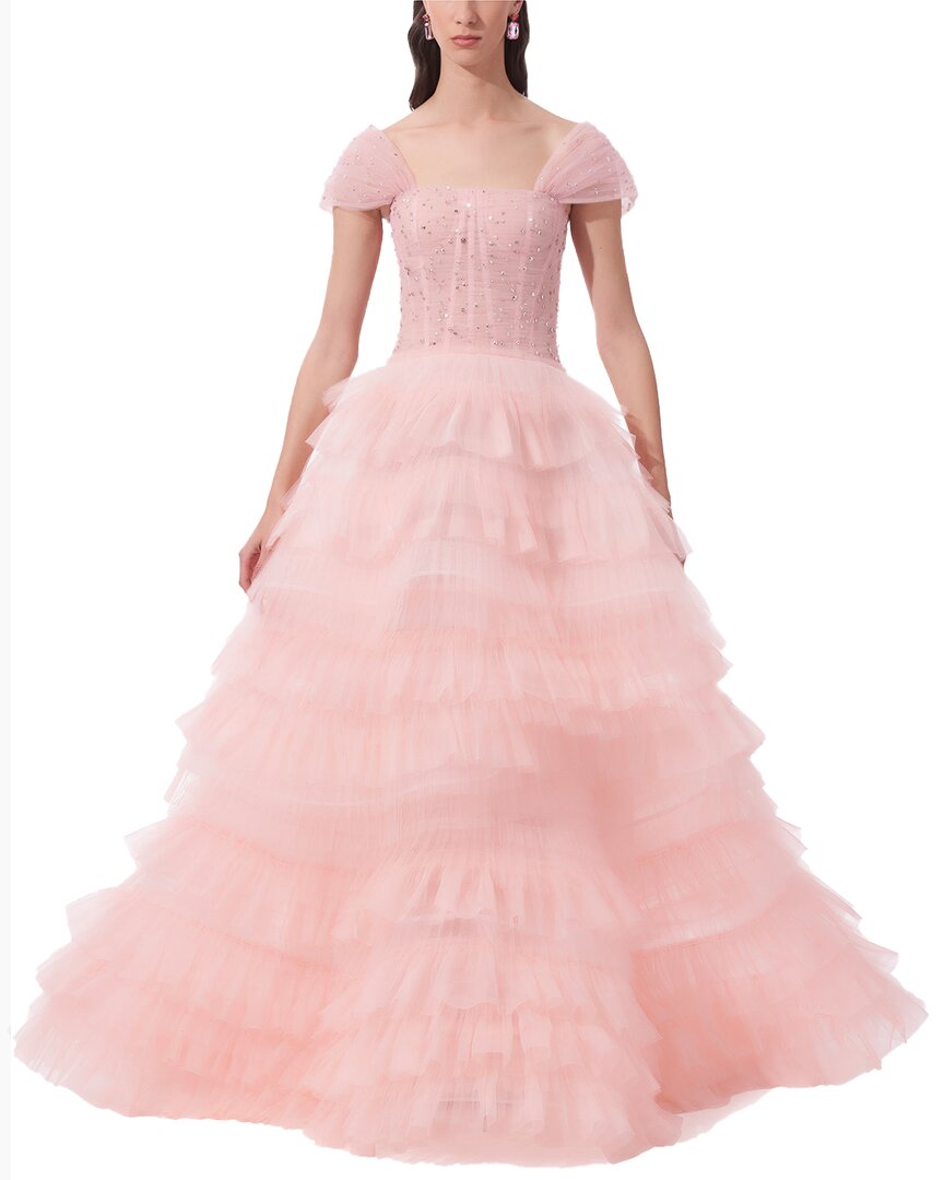 Off-Shoulder Pleated Tulle Ruffle Gown