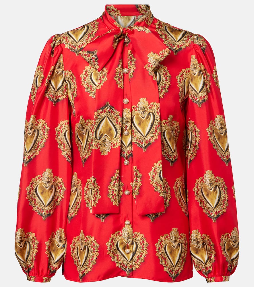 Printed tie-neck silk blouse
