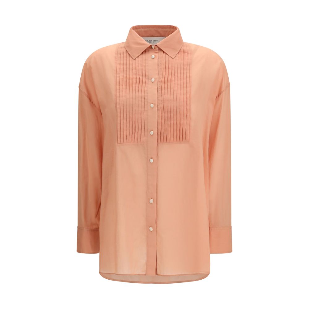 Pleated Bib Cotton Shirt — Brown