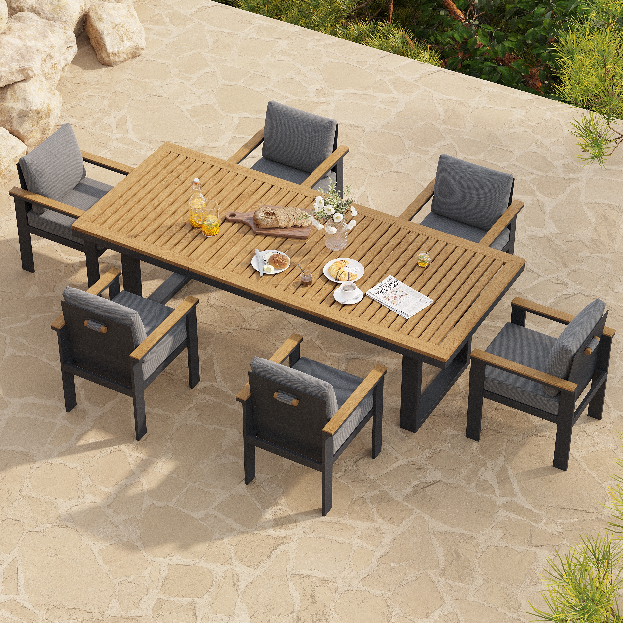 Ensemble de salle à manger rectangulaire en bois et aluminium pour terrasse extérieure, èces, avec parasol centra