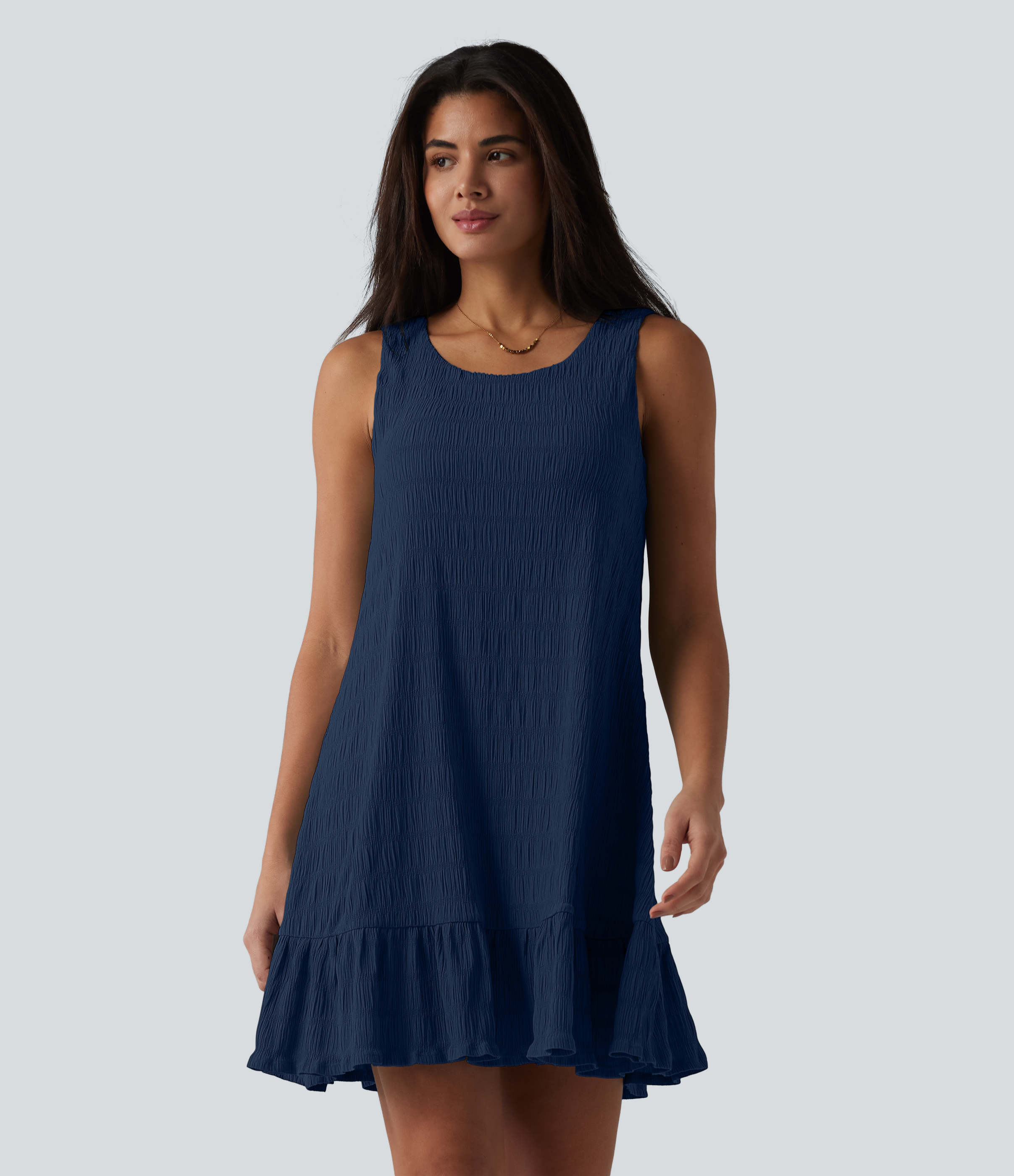 Round Neck Built-in Bra Sleeveless Ruffle Hem Mini Casual Dress Casual Dress - Pageant Blue