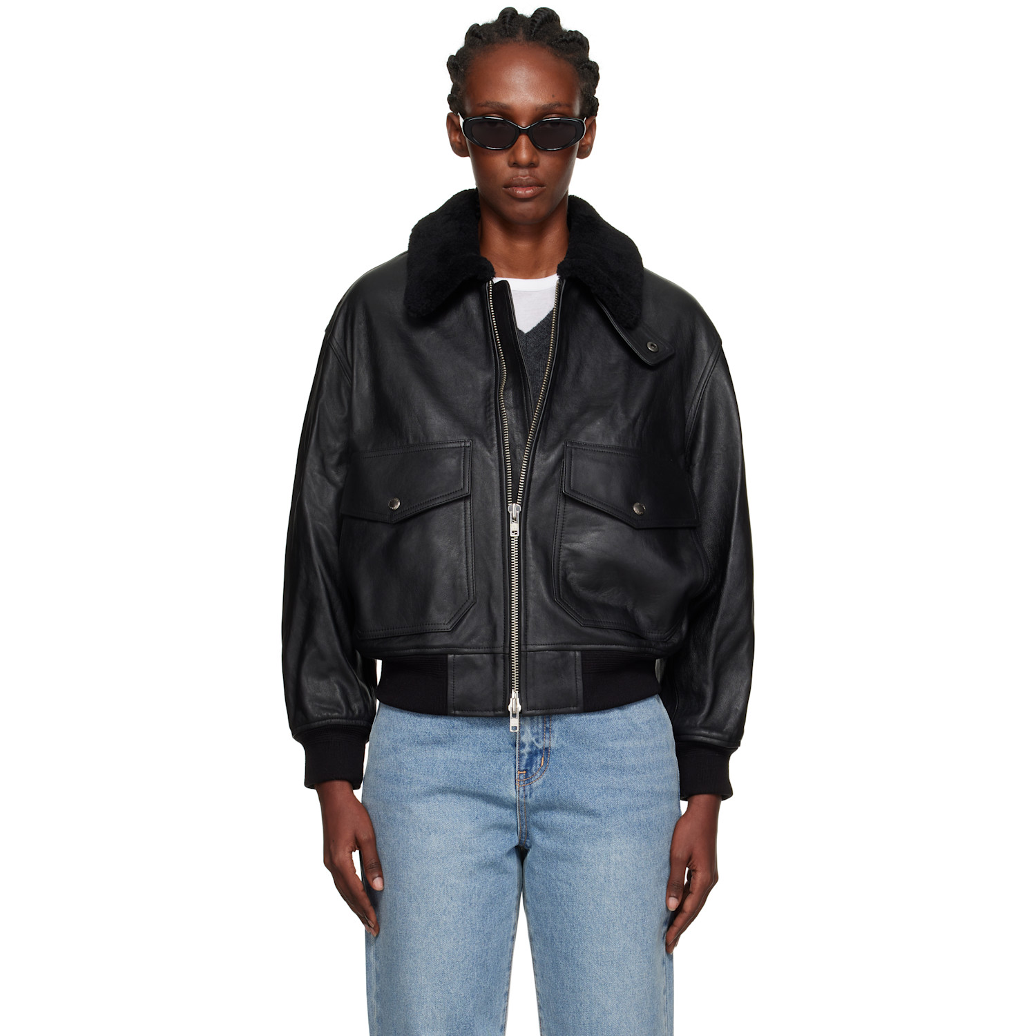 Black A-2 Shearling Collared Leather Jacket