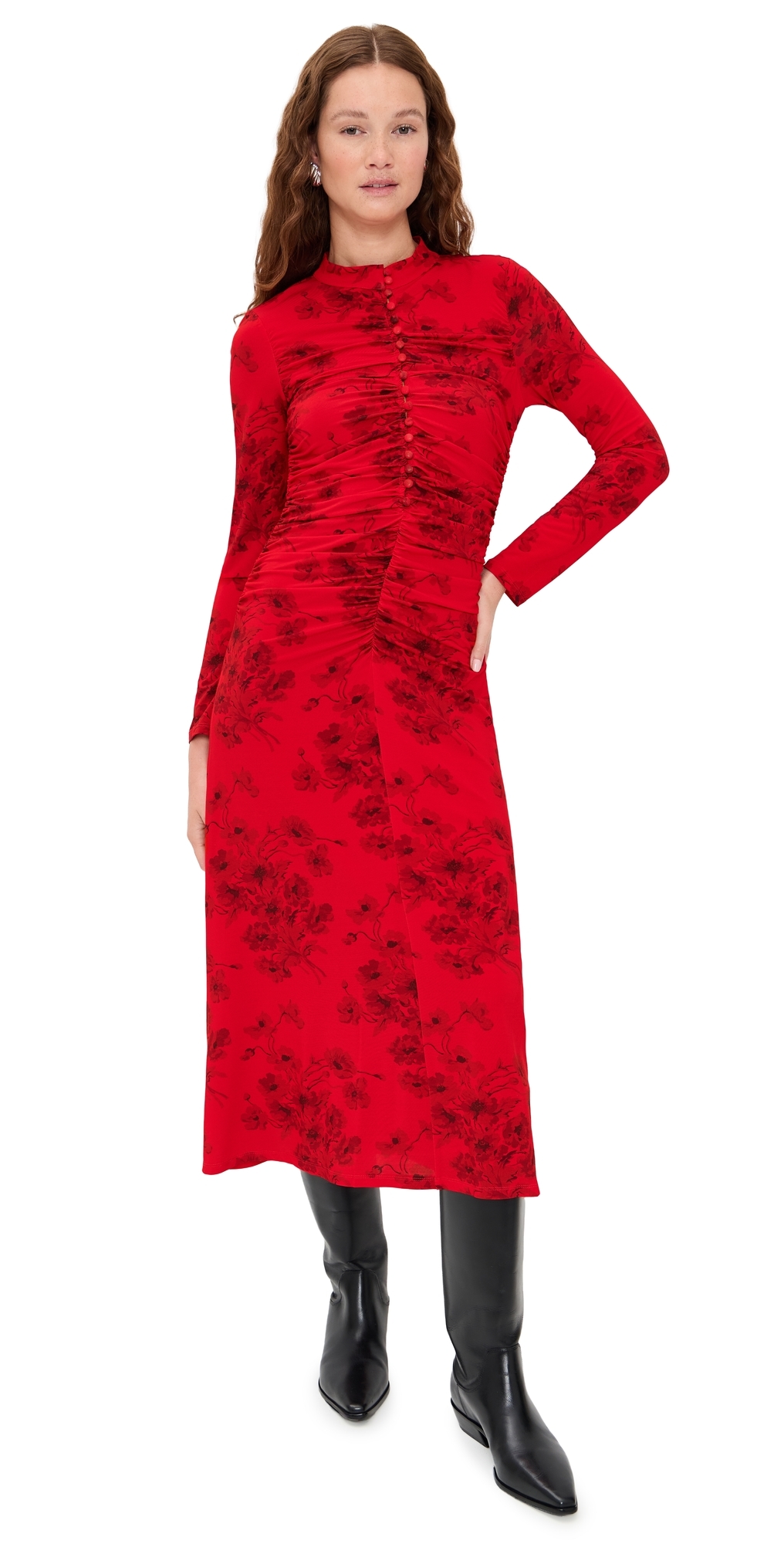 Cornelia Print Long Sleeve Midi Dress Red