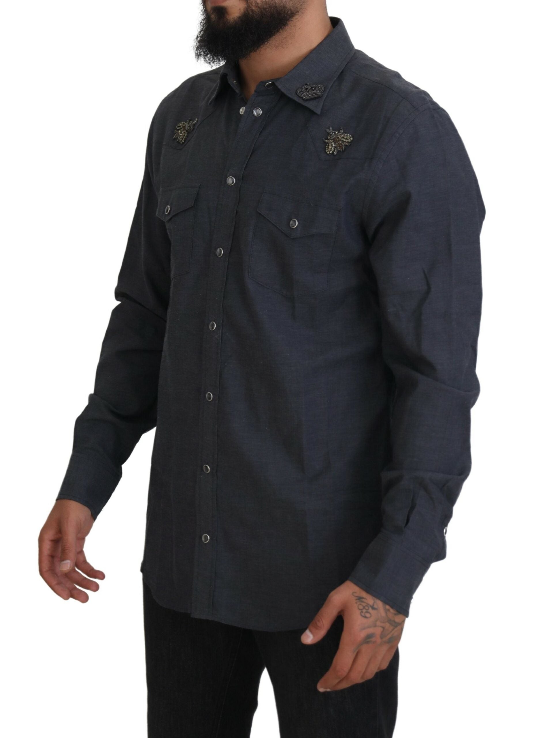 Cotton Denim with Crystal Bee Embroidery Shirt — Blue