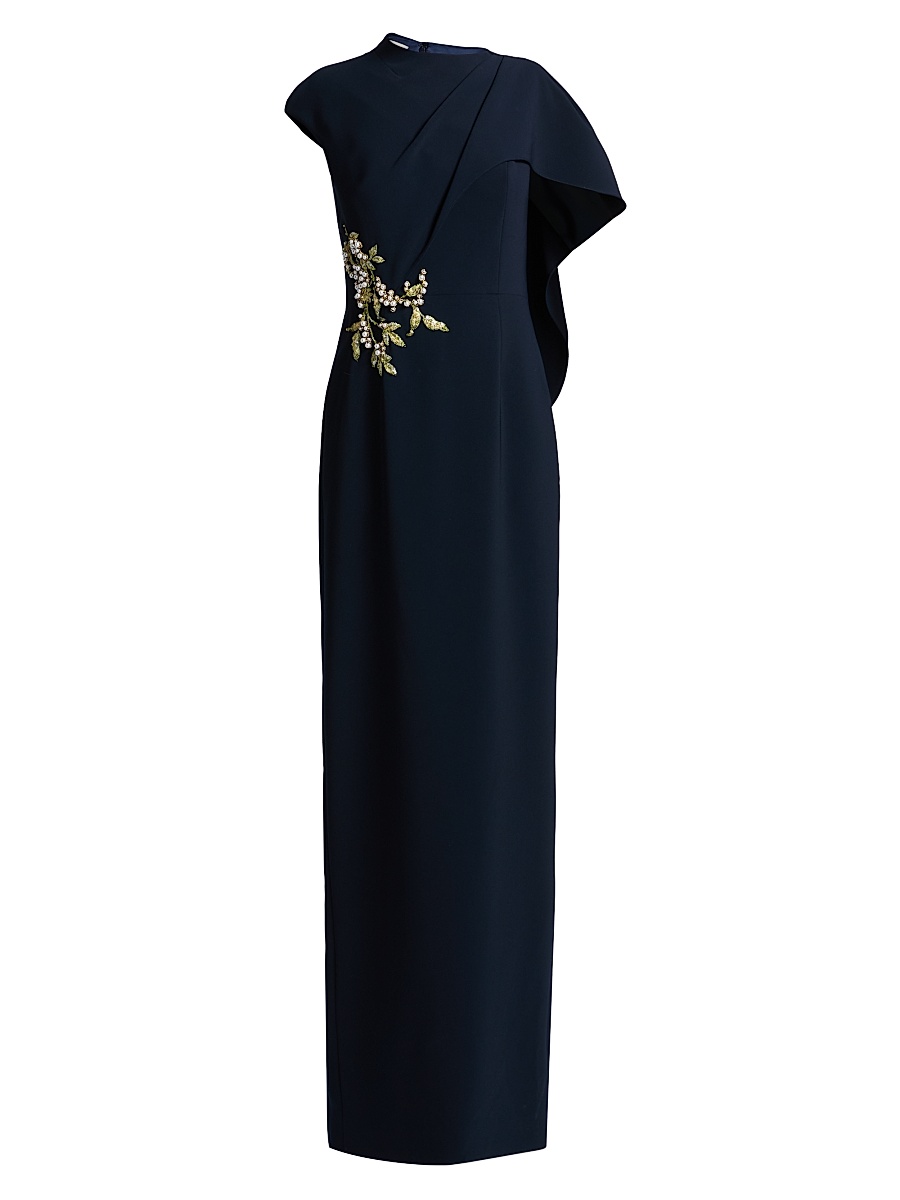 Women's Pearl-Embellished Draped Cape Column Gown - Navy