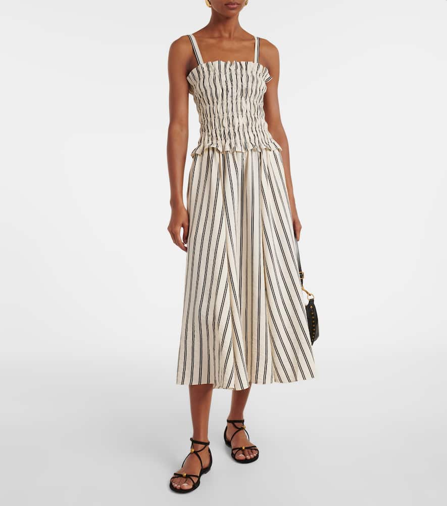 Shirred striped silk-blend midi dress