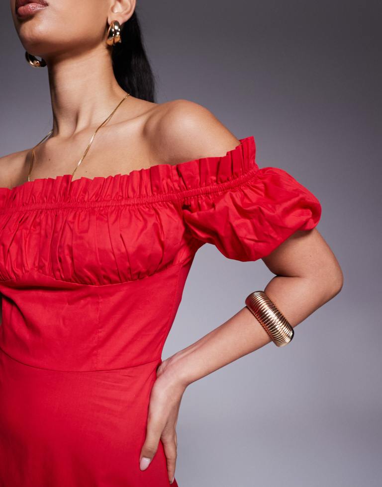 Kaiia Womens exclusive cotton rich bardot poplin puff sleeve maxi dress in red