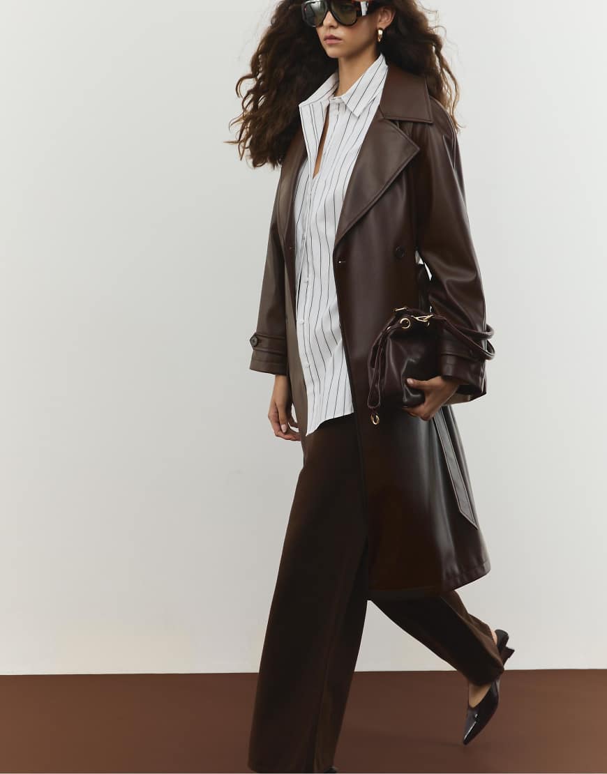 Long faux leather trench coat in brown
