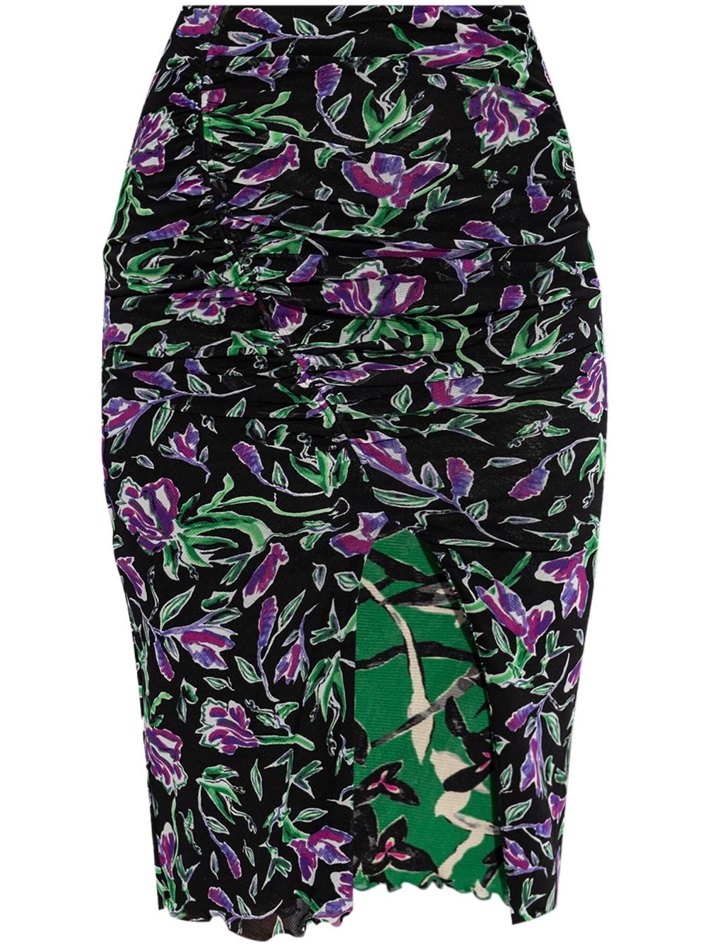 Floral-print front-slit pencil skirt - Black